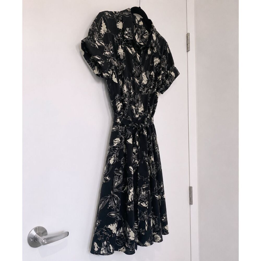 Merona Black Floral Shirt Dress Short Sleeve Button Up Collar Fit Flare Size XS - Picture 2 of 7